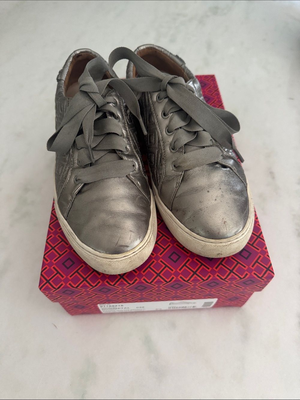 Tory Burch Metallic Gray Leather Sneakers
